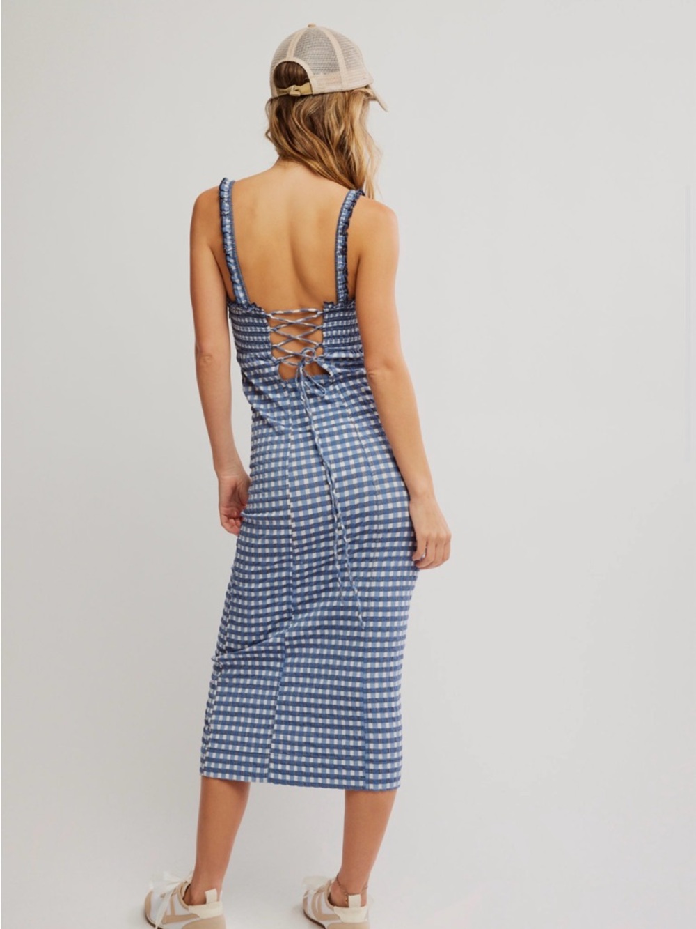 Free People Lucinda Gingham Midi Dress Blue and White Size M - Picture 3 of 11